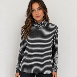 Halogen Turtleneck Sweater Stripped Grey White Large